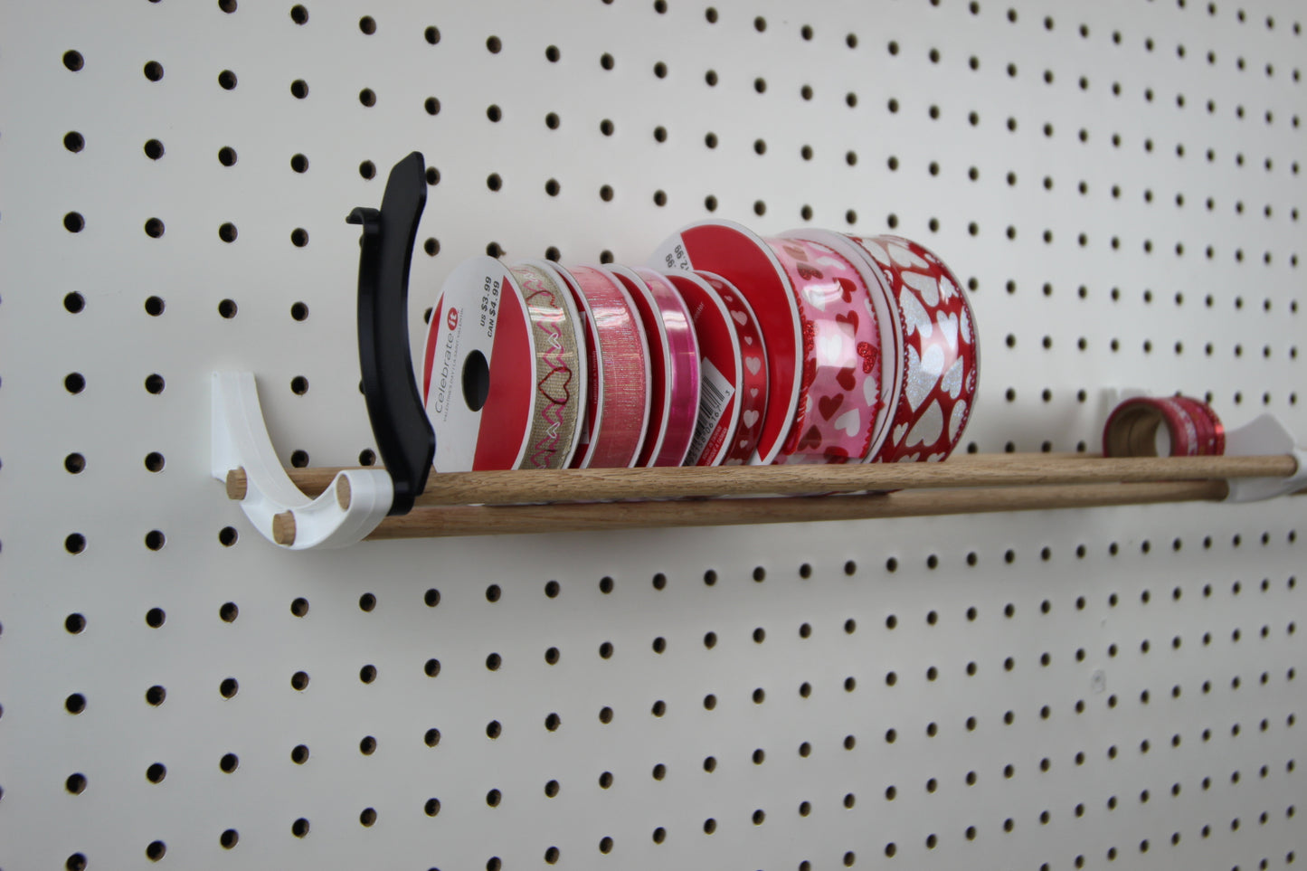 Tape and ribbon organizer for pegboard - end cap bracket. Stop your rolls from falling over (set of 2)