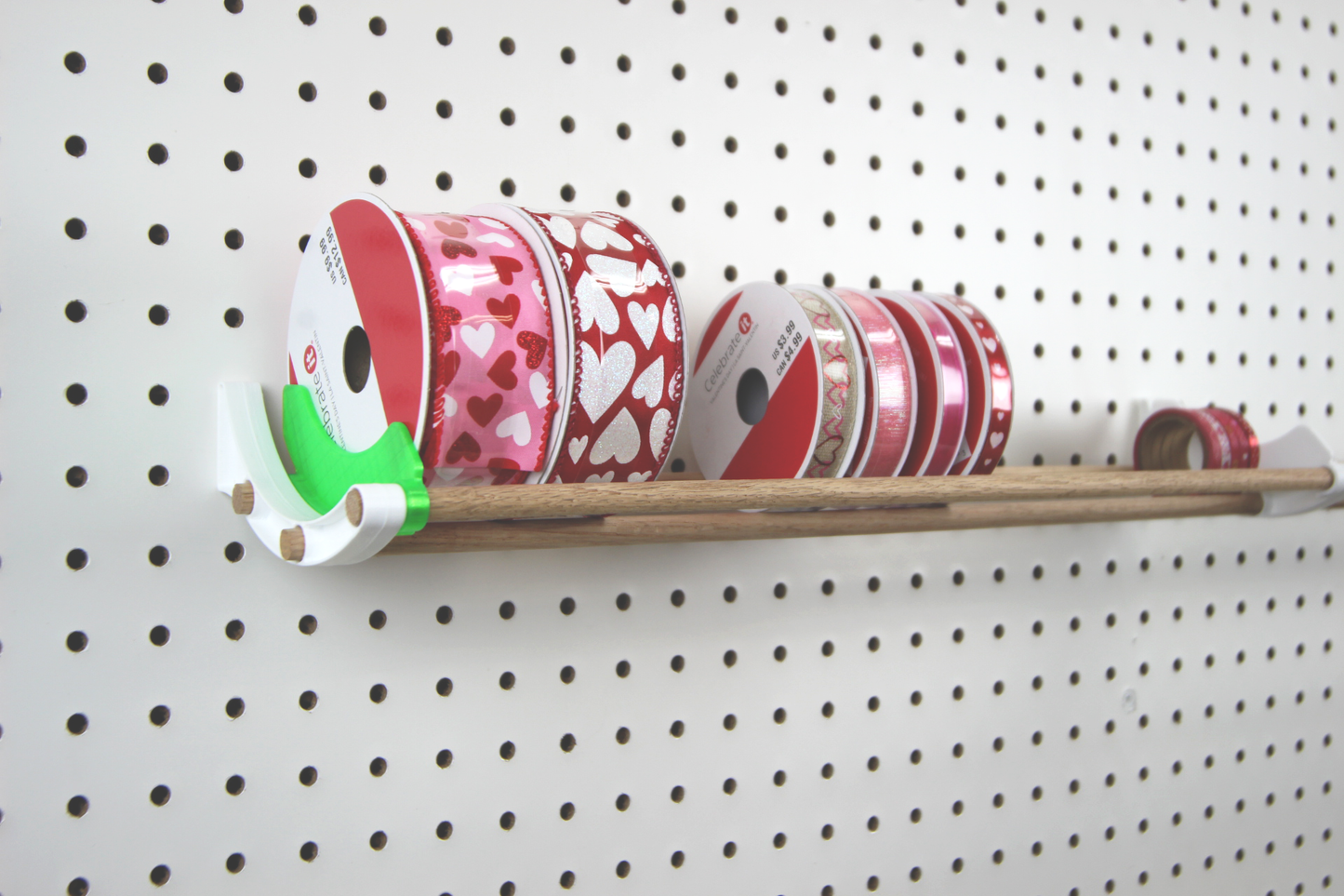 Tape and ribbon organizer for pegboard - end cap bracket. Stop your rolls from falling over (set of 2)